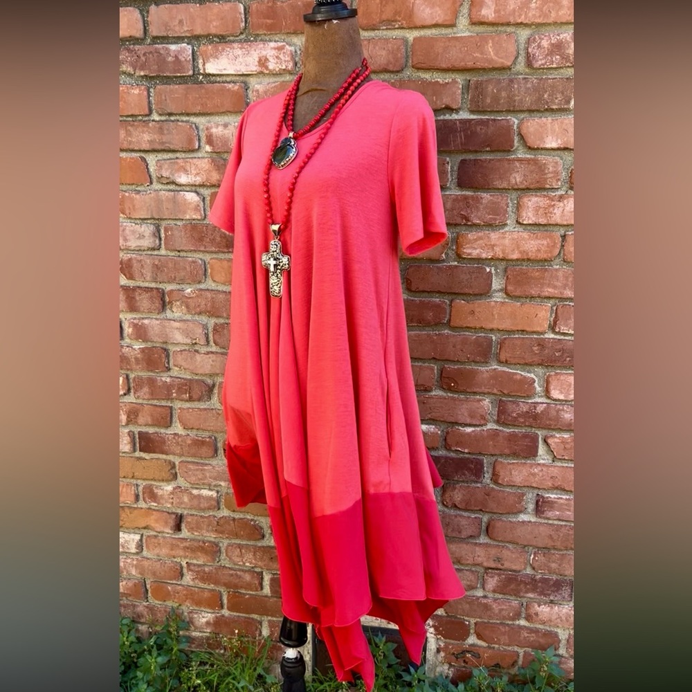 Effortless Women's Coral Red Tone Handkerchief Hem Dress NWOT - Picture 7 of 7